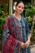 Load image into Gallery viewer, Teal Color Pure Muslin Silk Checks Hand Block Print Salwar Suit