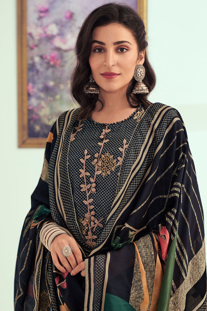 Black Pure Muslin Silk Jacquard Digital Print Designer Salwar Kameez
