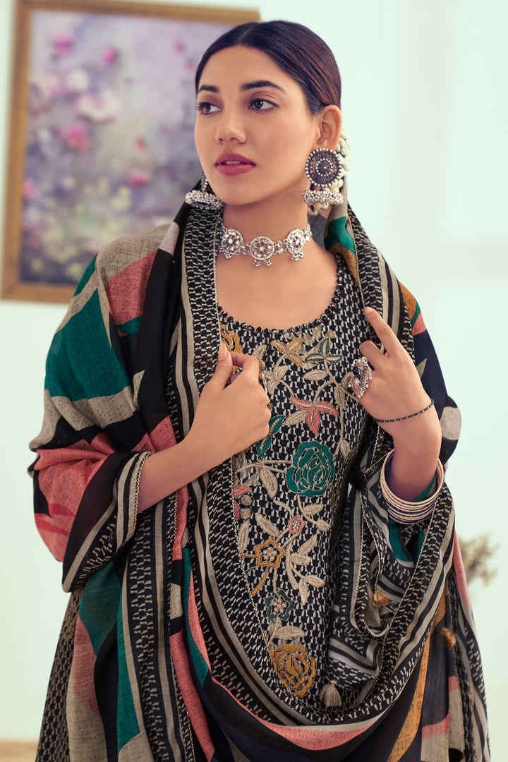 Black Pure Muslin Silk Jacquard Digital Print Designer Suit