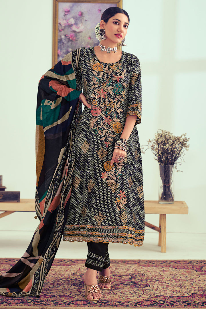 Black Pure Muslin Silk Jacquard Digital Print Designer Suit