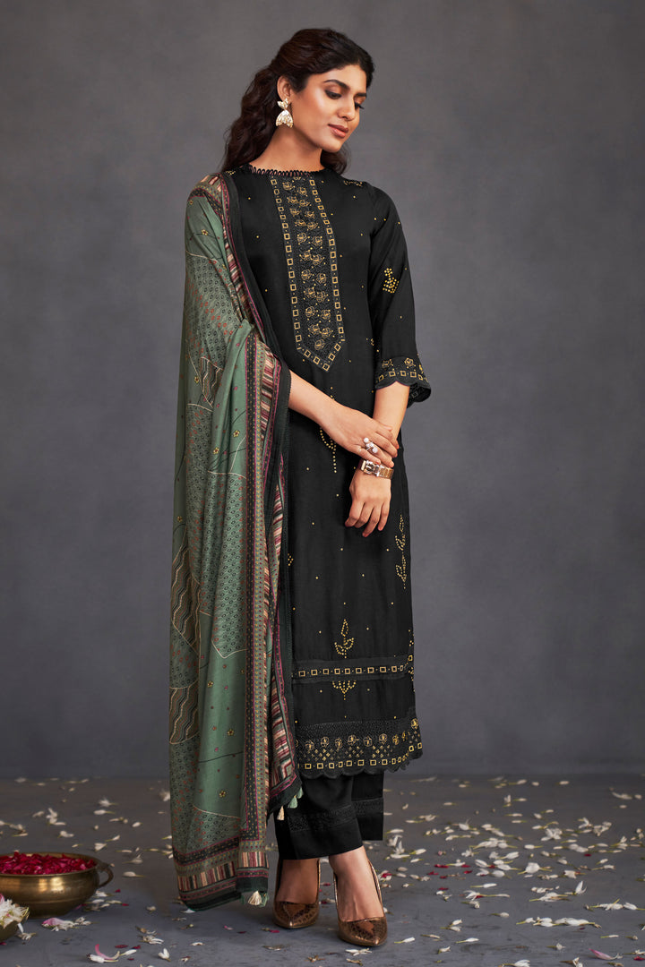 Black Pure Bemberg Silk Gold Print Straight Cut Salwar Kameez