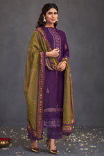 Load image into Gallery viewer, Purple Pure Bemberg Silk Gold Print Straight Cut Suit