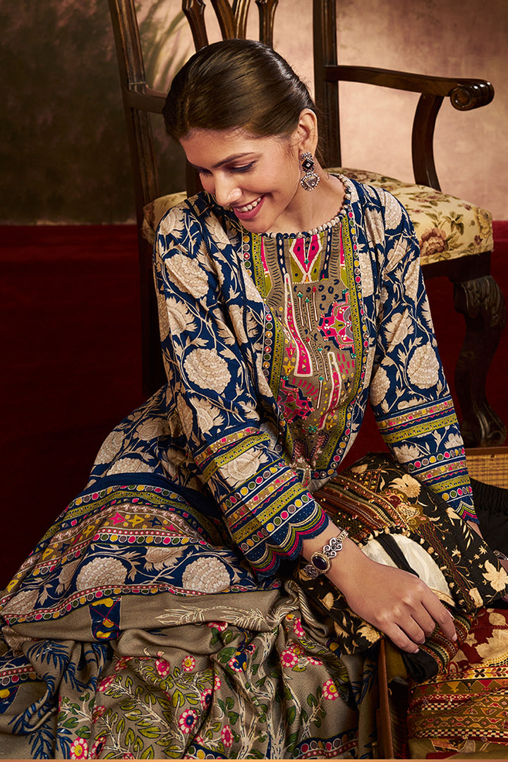 Blue Handwork And Lace Corduroy Digital Print Salwar Kameez