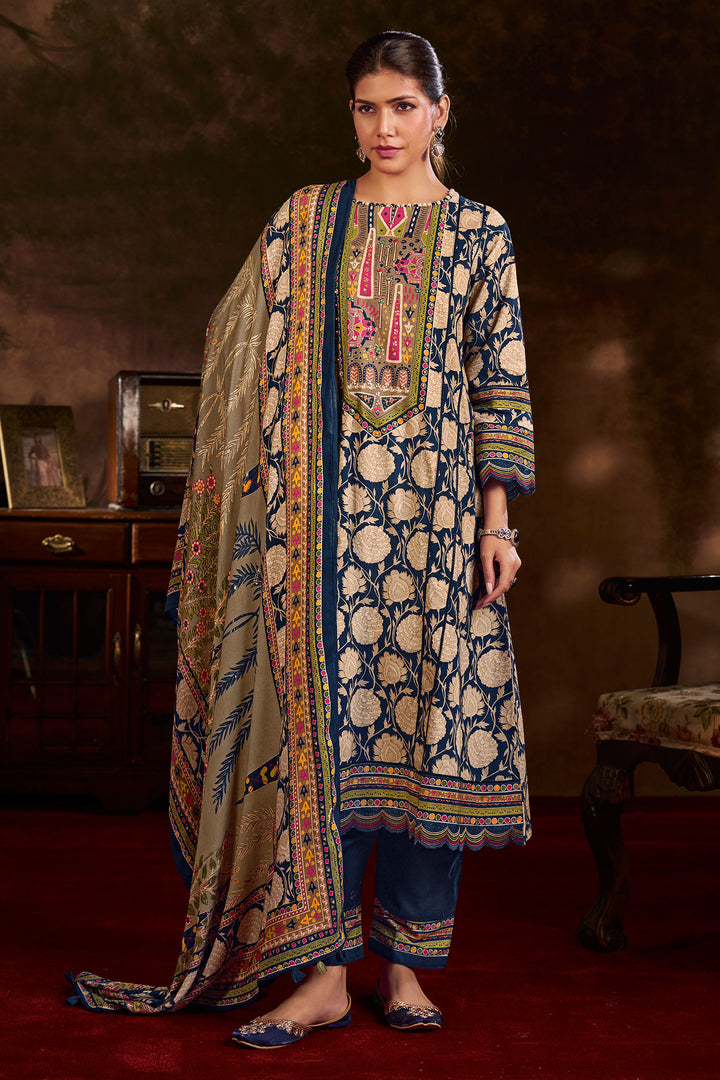 Blue Handwork And Lace Corduroy Digital Print Salwar Kameez