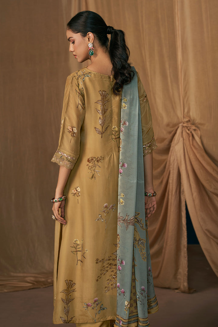 Brown Pure Bemberg Silk Digital Print Designer Long Suit