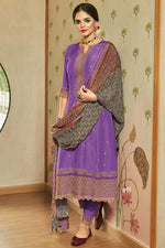 Load image into Gallery viewer, Pure Russian Silk Gold Print Purple Designer Long Salwar Kameez