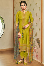 Load image into Gallery viewer, Pure Russian Silk Gold Print Designer Long Salwar Suit In Green Color