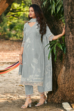 Load image into Gallery viewer, Pure Cotton Embroidery Block Print Grey Color Straight Cut Suit