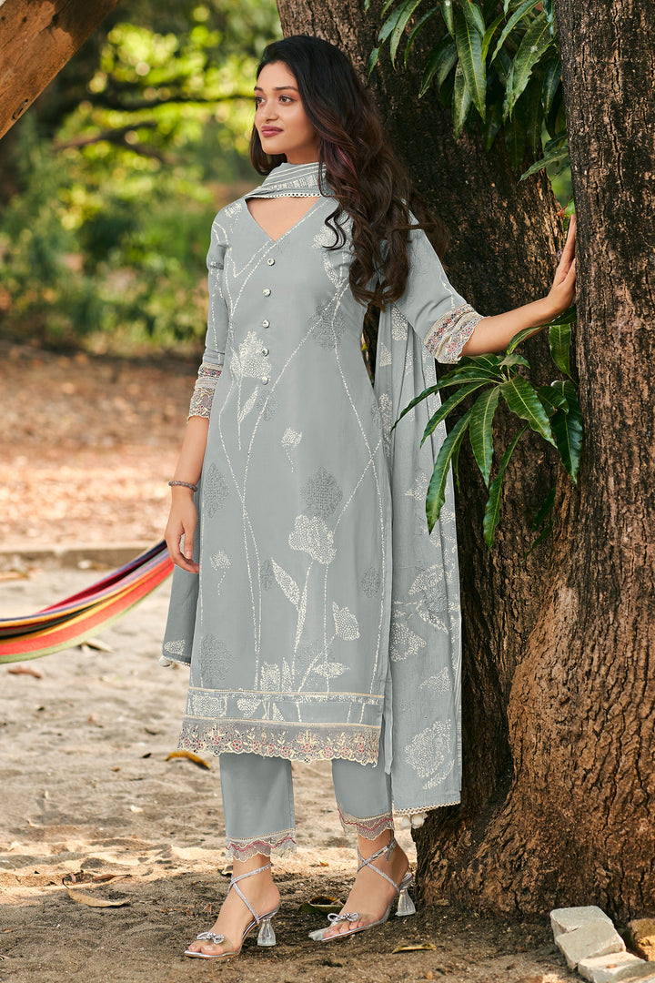 Pure Cotton Embroidery Block Print Grey Color Straight Cut Suit