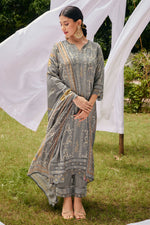 Load image into Gallery viewer, Grey Color Pure Muslin Silk Hand Block With Gold Print Casual Dress