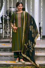 Load image into Gallery viewer, Bemberg Silk Embroidered Straight Cut Salwar Kameez In Dark Green Color