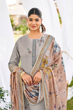 Load image into Gallery viewer, Grey Pure Cotton Butti Embroidered Straight Cut Suit