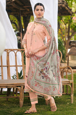 Load image into Gallery viewer, Peach Pure Cotton Butti Embroidered Straight Cut Dress
