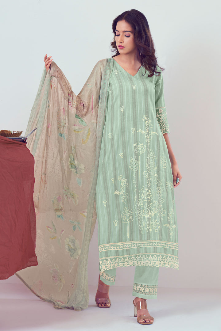 Pure Cotton Sea Green Color Block Print With Embroidery Work Salwar Suit