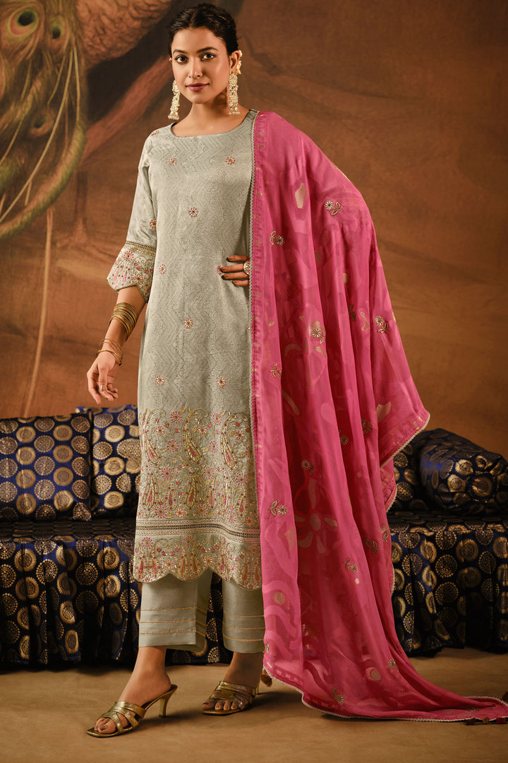 Tissue Jacquard With Embroidered Designer Salwar Kameez In Beige Color
