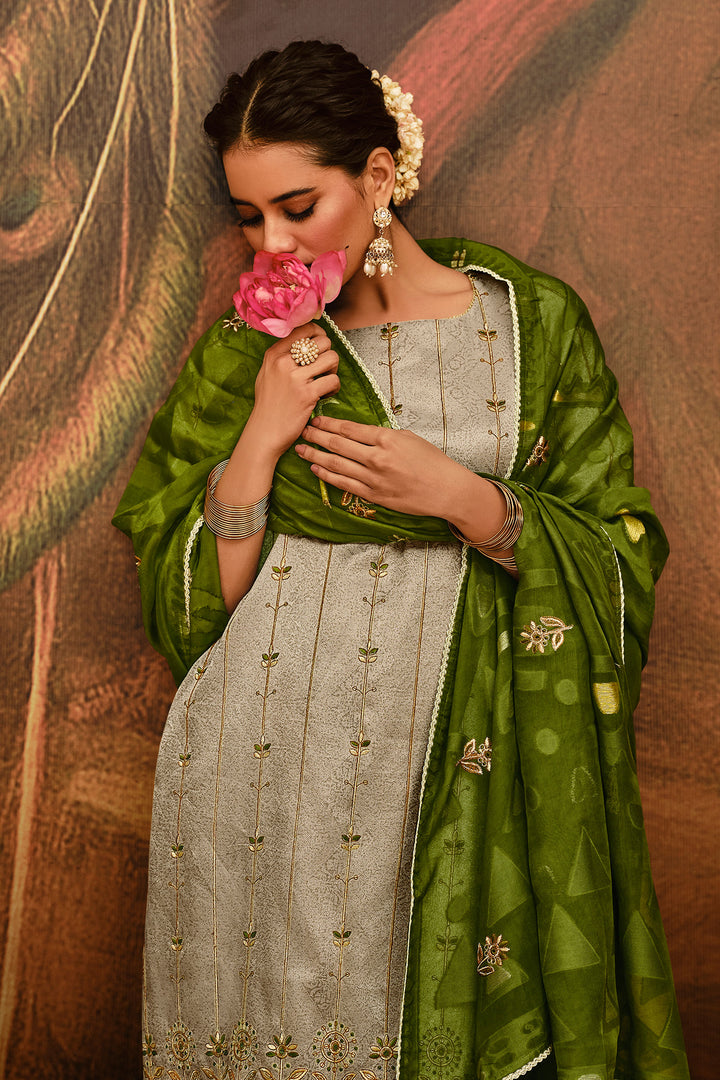 Tissue Jacquard Beige Embroidered Designer Salwar Suit