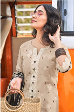 Load image into Gallery viewer, Beige Pure Cotton Khadi Block Print With Embroidery Work Long Suit