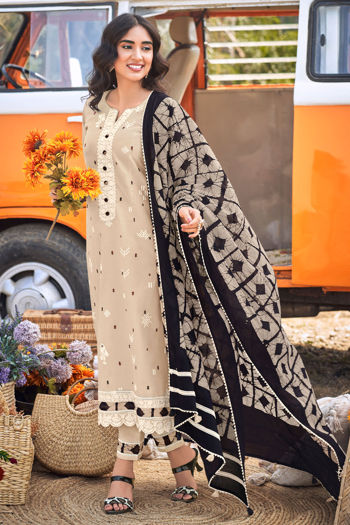 Beige Pure Cotton Khadi Block Print With Embroidery Work Long Suit