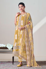 Load image into Gallery viewer, Mustard Pure Moga Silk Embroidery And Batik Print Designer Salwar Kameez