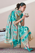 Load image into Gallery viewer, Cyan Color Pure Moga Silk Embroidery And Batik Print Designer Salwar Suit