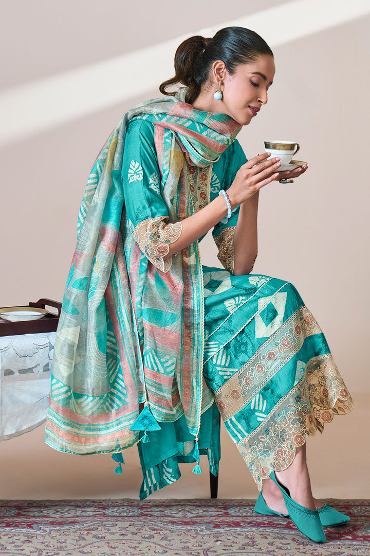 Cyan Color Pure Moga Silk Embroidery And Batik Print Designer Salwar Suit