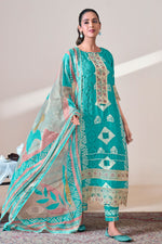 Load image into Gallery viewer, Cyan Color Pure Moga Silk Embroidery And Batik Print Designer Salwar Suit