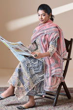 Load image into Gallery viewer, Pure Moga Silk Embroidery And Batik Print Designer Dress In Grey Color