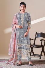 Load image into Gallery viewer, Pure Moga Silk Embroidery And Batik Print Designer Dress In Grey Color