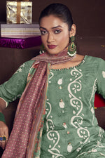 Load image into Gallery viewer, Sea Green Pure Moga Silk Embroidery And Batik Print Designer Long Straight Cut Suit