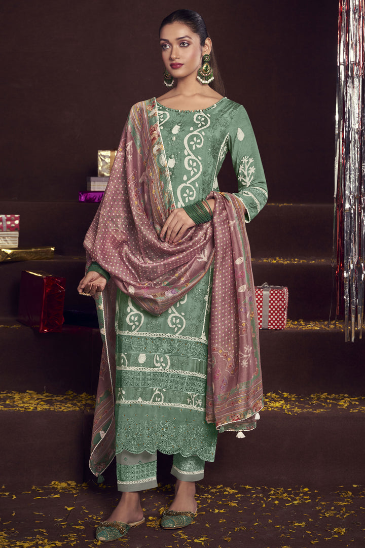 Sea Green Pure Moga Silk Embroidery And Batik Print Designer Long Straight Cut Suit
