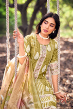 Load image into Gallery viewer, Green Pure Muga Silk Embroidery And Batki Print Designer Salwar Kameez