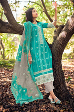 Load image into Gallery viewer, Cyan Pure Muga Silk Embroidery And Batki Print Designer Suit