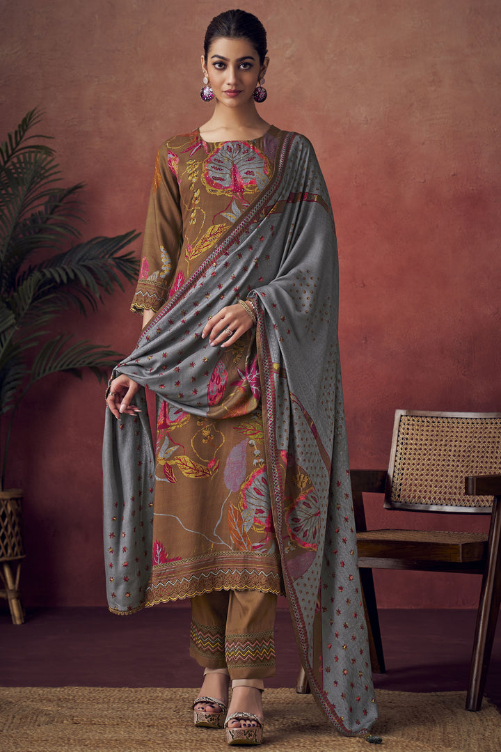 Brown Pure Pashmina Digital Print Casual Salwar Kameez