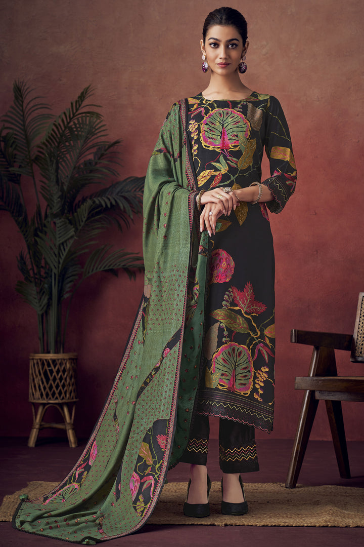 Black Pure Pashmina Digital Print Casual Salwar Kameez