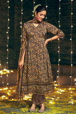 Load image into Gallery viewer, Brown Pure Ajrak Print On Pure Modal Silk Salwar Kameez With Mukaish Work