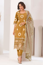 Load image into Gallery viewer, Pure Cotton Hand Block Print With Embroidery Work Dress In Mustard Color