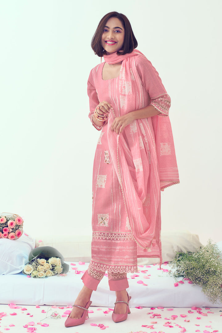 Pink Pure Linen Digital Print With Handwork Casual Salwar Suit