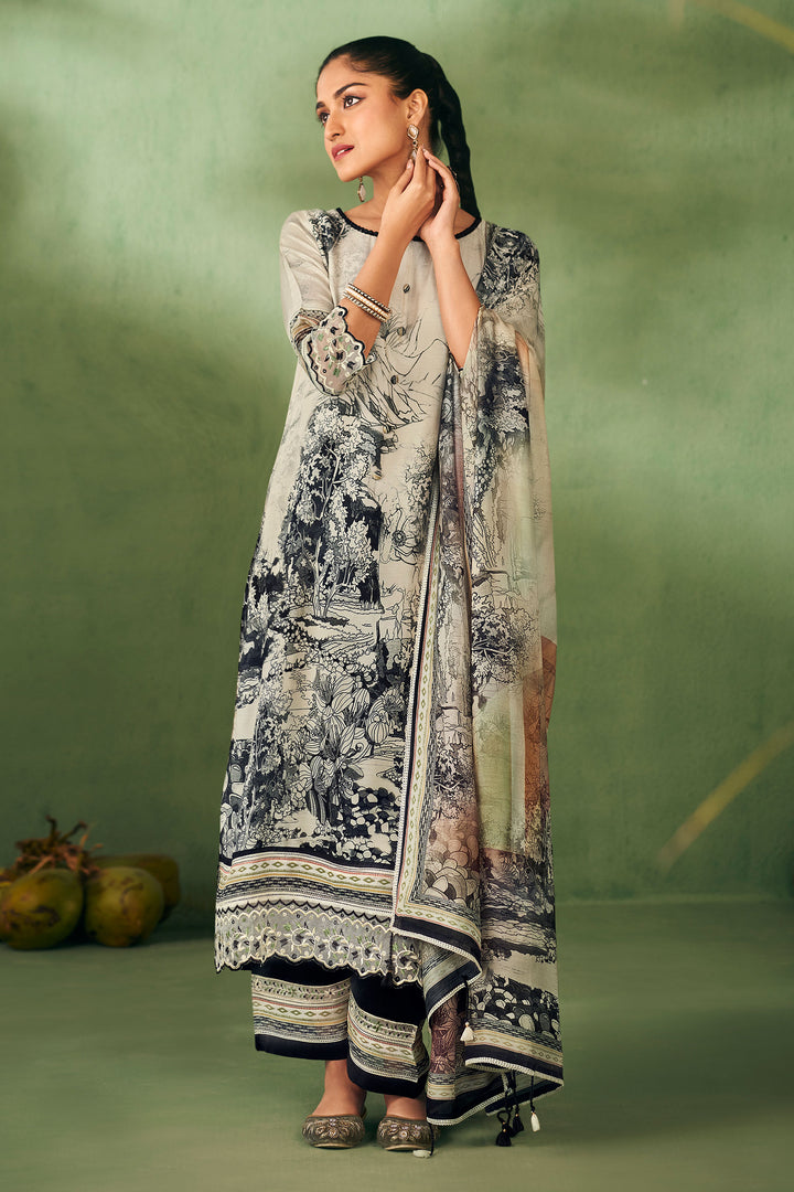 Beige Pure Muslin Silk Digital Print Long Salwar Kameez