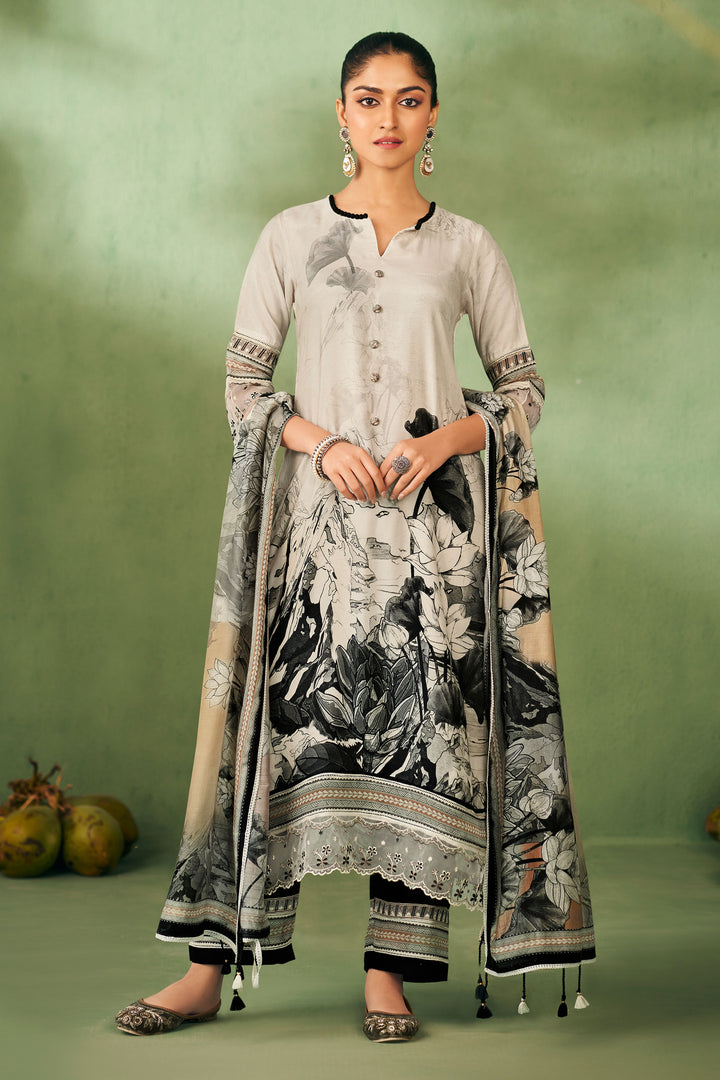 Beige Color Pure Muslin Silk Digital Print Long Suit