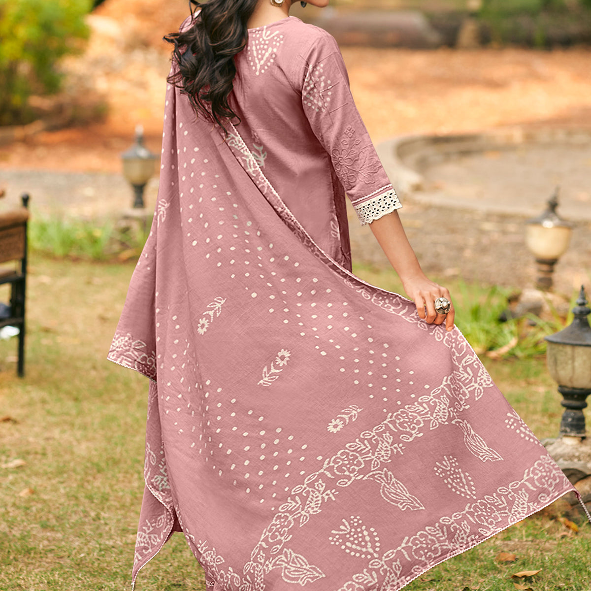 Pink Applique Work Block Butti Print Unstitched Salwar Suit Material