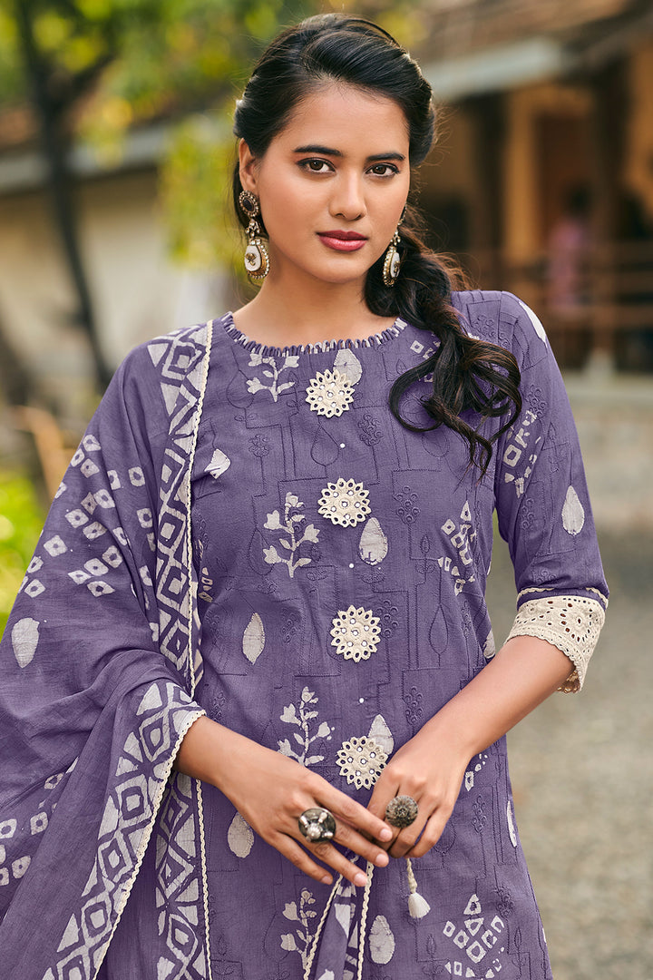 Purple Color Pure Cotton Embroidery Hand Block Print Straight Cut Suit