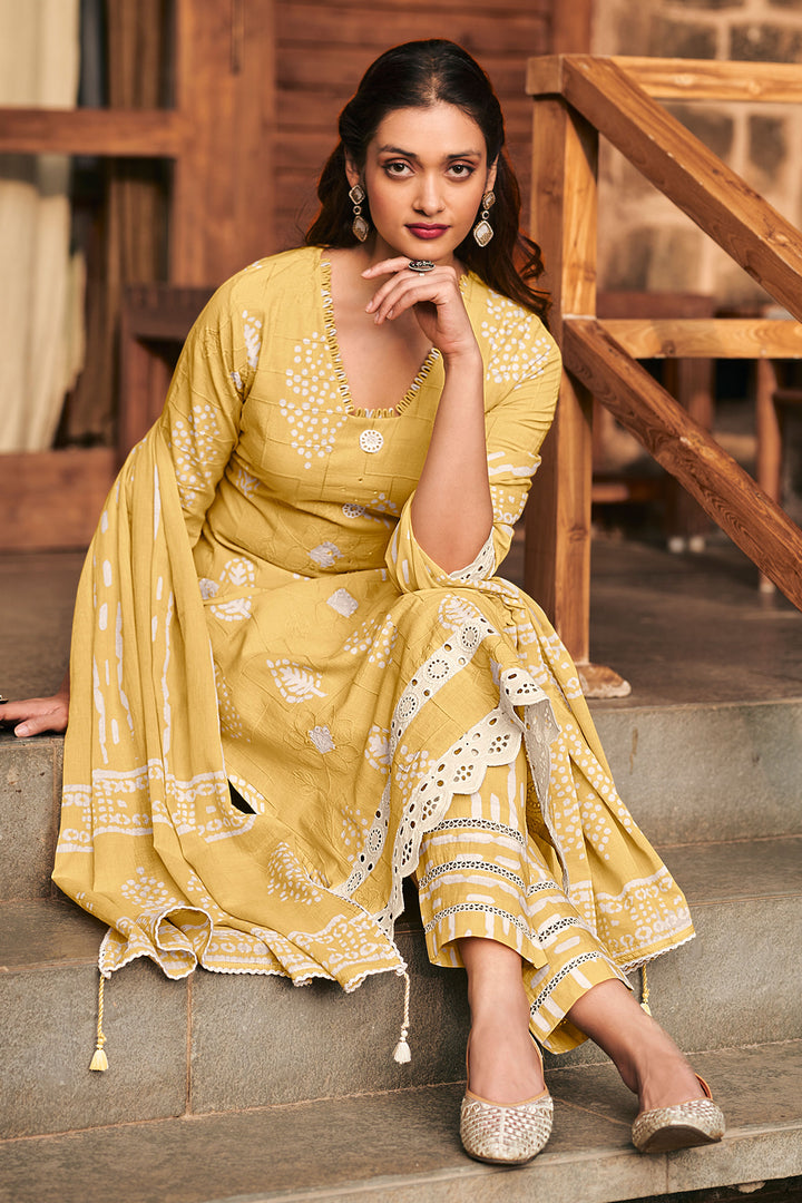 Pure Cotton Embroidery Straight Cut Salwar Suit In Yellow Color