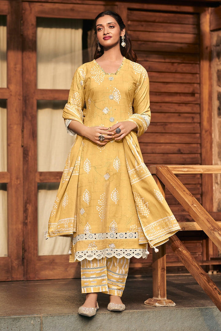 Pure Cotton Embroidery Straight Cut Salwar Suit In Yellow Color