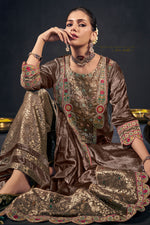 Load image into Gallery viewer, Brown Viscose Velvet Heavy Embroidered Designer Long Palazzo Salwar Suit