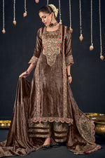 Load image into Gallery viewer, Brown Viscose Velvet Heavy Embroidered Designer Long Palazzo Salwar Suit