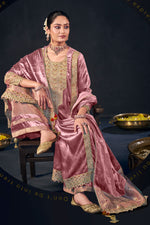 Load image into Gallery viewer, Viscose Velvet Pink Heavy Embroidered Long Palazzo Suit