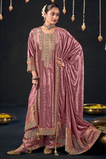 Load image into Gallery viewer, Viscose Velvet Pink Heavy Embroidered Long Palazzo Suit