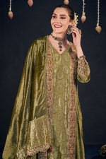Load image into Gallery viewer, Viscose Velvet Heavy Embroidered Olive Green Palazzo Dress