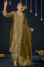 Load image into Gallery viewer, Viscose Velvet Heavy Embroidered Olive Green Palazzo Dress