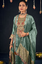 Load image into Gallery viewer, Viscose Velvet Heavy Embroidered Palazzo Salwar Kameez In Cyan Color